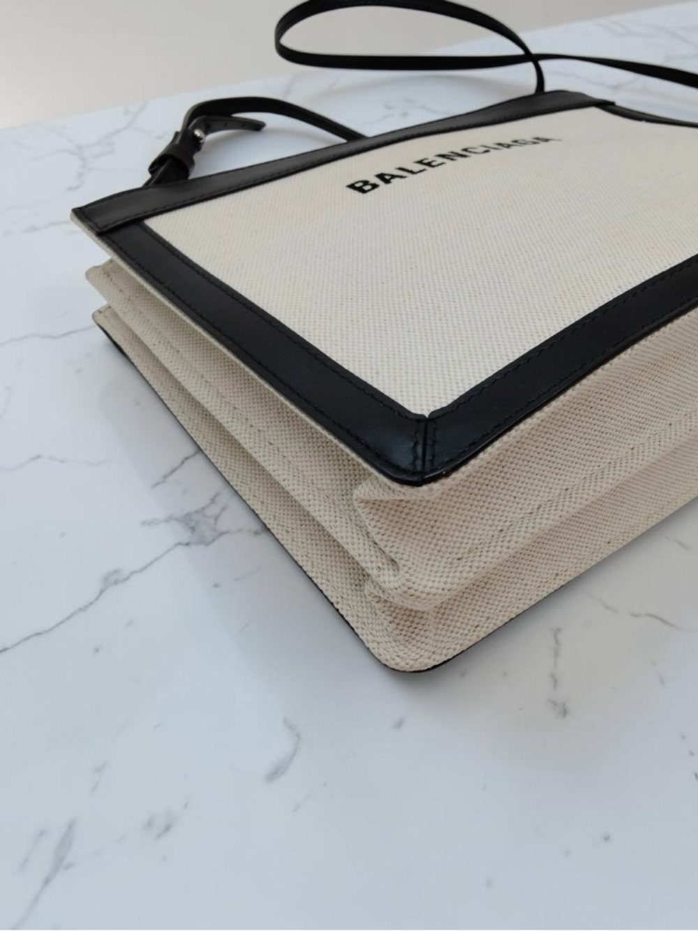 BALENCIAGA  Navy Cabas XS Canvas Leather Crossbody Bag Clutch White Black - Picture 4 of 10